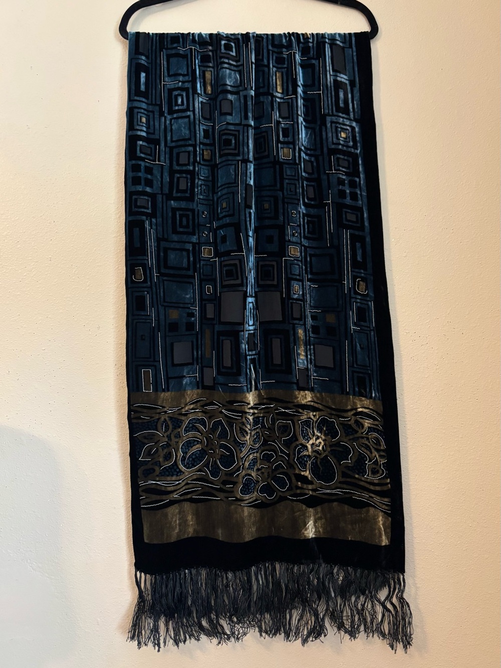 Vintage 100% Silk Whimsy/Fairy/Boho Hippie Velvet Burnout Scarf with Fringe